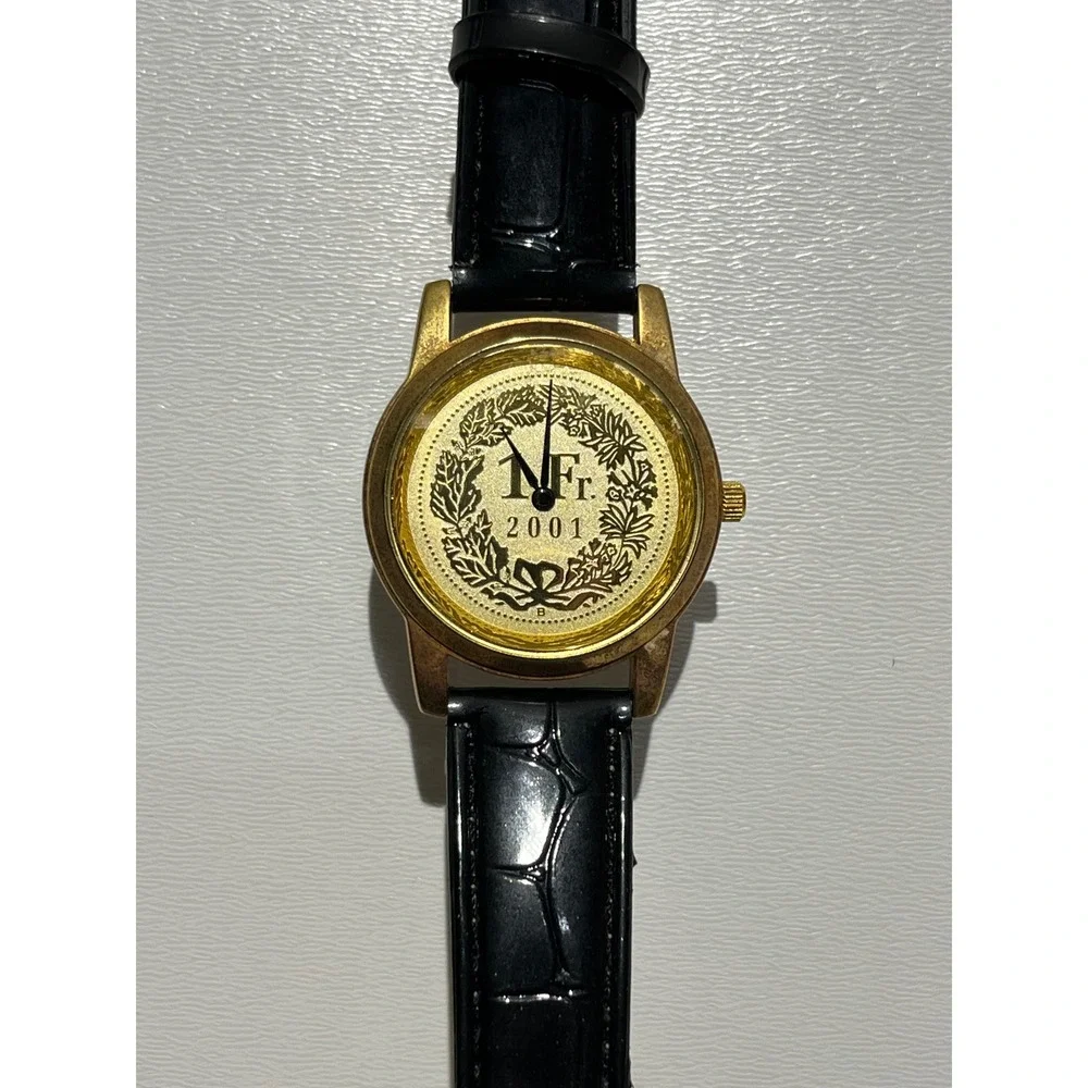 GHW of Switzerland 2001 1 Fr. Gold Dial Swiss Movt Black Leather‎ Watch